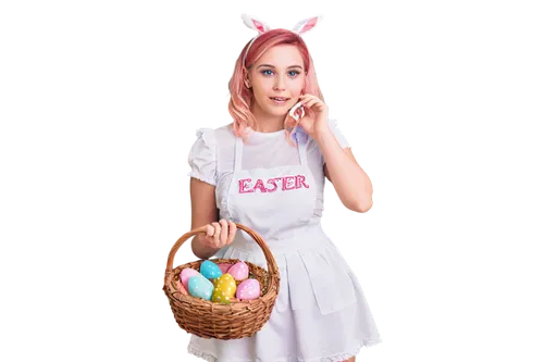 Easter-themed girl, Lolita, pink hair bows, sparkly eyes, rosy cheeks, bunny ears headband, white apron, colorful eggs, basket filled with candies, holding Easter egg, kneeling, cute facial expression