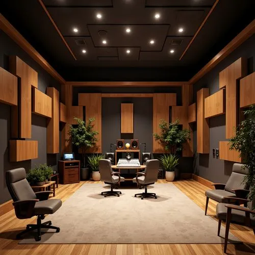 Soundproof recording studio, dimly lit ambiance, wooden acoustic panels, sound-absorbing materials, diffusers, bass traps, microphone stands, audio equipment, mixing console, ergonomic chairs, minimal