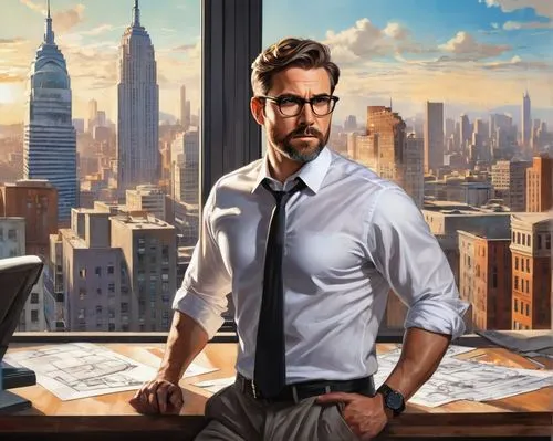 Male architect, mature, 30s, serious facial expression, glasses, short brown hair, beard, white shirt, black tie, formal pants, leather belt, holding blueprints, standing, indoor office, modern desk, 