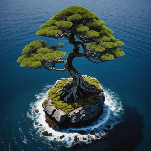 bonsai in a tiny island in ocean,floating island,isolated tree,bonsai tree,the japanese tree,bonsai,island suspended,floating islands,dragon tree,mushroom island,islet,uninhabited island,lone tree,cel