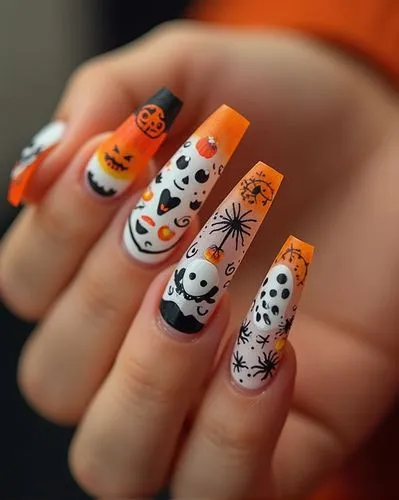 Nils Design, hallowen nails,
Create a professional photo showcasing medium-length coffin-shaped nails beautifully decorated for Halloween. Ensure that each nail is meticulously designed with vibrant c