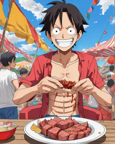 Create a funny Luffy fanart with him eating a mountain of meat in a lively summer festival.,yakiniku,summer bbq,barbecue,bbq,garp fish,barbeque,meat,barbeque grill,raw meat,carne asada,red meat,onepie