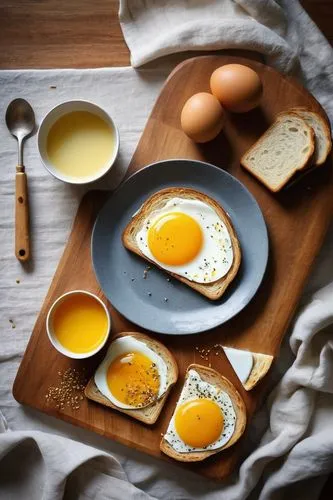 Toasty breakfast scene, modern kitchen interior, marble countertop, wooden cutting board, artisanal bread slices, crispy toast edges, melted butter, golden egg yolk, sprinkle of salt, porcelain plate,