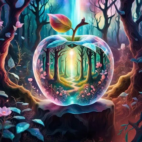 an apple with a green leaf floating inside it,fairy world,fantasy picture,fairy forest,magic tree,enchanted forest,legendarium,fantasy landscape,mushroom landscape,garden of eden,majora,yggdrasil,fant