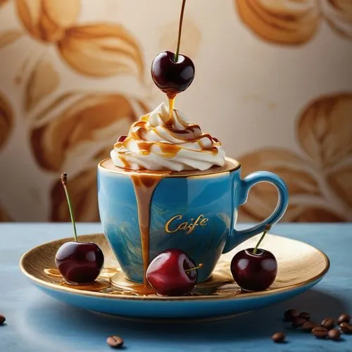 An elegant image of a coffee cup, the body is marbled designed of colors (mostly blue, white, gold, orange the handle is made of gold, the cups mouth is with gold lining and engraved with elegant styl