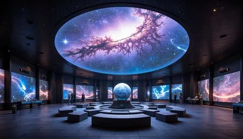 Cosmic planetarium, futuristic fusion architecture, galaxy-inspired textures, metallic sheen, iridescent hues, nebula-like patterns, starry night sky, celestial bodies, astronomical instruments, spher