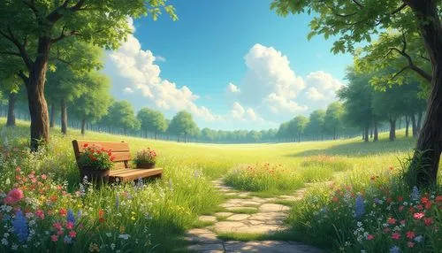 landscape background,meadow landscape,springtime background,spring background,forest path,nature background,meadow and forest,forest background,summer meadow,idyllic,meadows,pathway,forest landscape,green meadow,small meadow,cartoon video game background,summer day,world digital painting,blooming field,field of flowers,Photography,General,Realistic