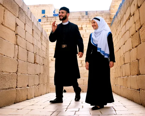 Ancient stone walls, Jerusalem old city, Israel, sunny day, clear blue sky, Dome of the Rock, Western Wall, tourists walking, vibrant colorful clothing, traditional Jewish attire, kippah, tallit, smil