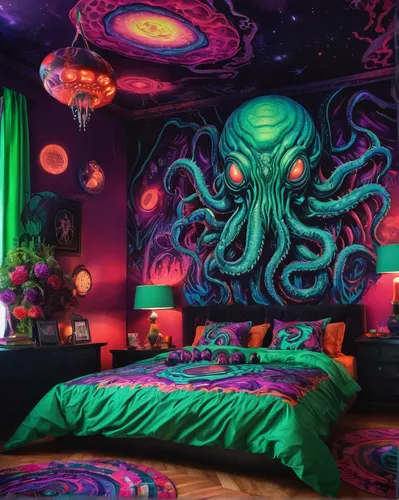 ornate room,great room,tentacles,octopus,sleeping room,pink octopus,ufo interior,fun octopus,octopus tentacles,duvet cover,children's bedroom,tentacle,the room,kids room,bedroom,under sea,calamari,kraken,aquarium decor,cephalopod,Illustration,Realistic Fantasy,Realistic Fantasy 47