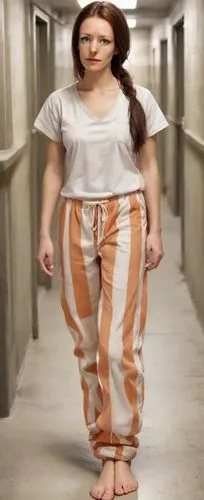 full body view:(female prisoner)(barefooted, barefoot, bare feet)(normal ideal human proportions, real human proportions)(medium buxom)(neutral expression, natural face, natural lips, pale lips)(long 