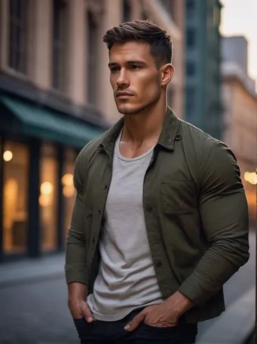 Muscular man, gabardine clothing, relaxed posture, hands in pockets, rugged facial features, short hair, no glasses, casual atmosphere, city streets, modern architecture, evening time, soft lighting, 