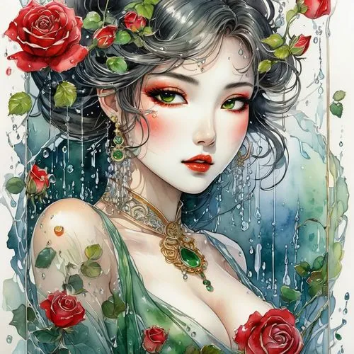 winter rose,flora,water rose,amano,rose flower illustration,fantasy portrait,jasmine blossom,geisha,water lotus,camellia,natura,oriental princess,red rose in rain,rusalka,poison ivy,white rose snow queen,rosa ' amber cover,芦ﾉ湖,girl in flowers,water nymph,Illustration,Paper based,Paper Based 25