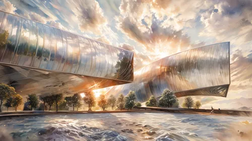 futuristic landscape,futuristic art museum,futuristic architecture,virtual landscape,solar cell base,sky space concept,fantasy landscape,interstellar bow wave,mirror house,digital compositing,cd cover,parallel worlds,sailing wing,stage curtain,moveable bridge,panoramical,shard of glass,water wall,post-apocalyptic landscape,rainbow bridge