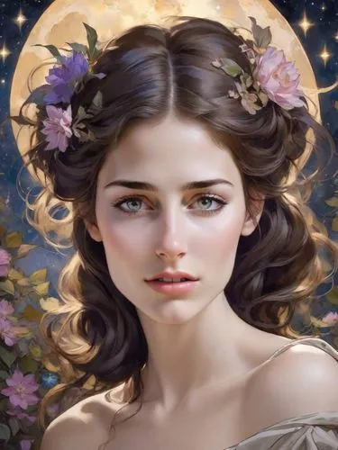 portrait of a girl with dark brown hair in the painting style of Alphonse Mucha, starry night, moon, flowers.,a painting of a woman with dark hair, wearing a dress and flowers in her hair,faery,fairie