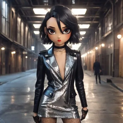 a doll in a leather jacket is standing on the street,fashion dolls,fashion doll,coraline,designer dolls,rubber doll,bjd