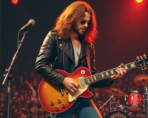 Un hombre alto, de unos 20 años de edad, cabellos largos y lisos de color rojizo, barba, chaqueta de cuero estilo años 1970 y con lentes de aviador, toca la guitarra en frente del público. Él está toc