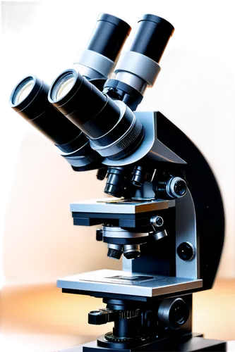 Microscope, scientific equipment, laboratory setting, metal body, adjustable lens, stage clips, LED light, modern design, reflective surface, shallow depth of field, high contrast, detailed texture, 3