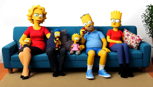 Homer Simpson, Marge Simpson, Bart Simpson, Lisa Simpson, Maggie Simpson, family portrait, yellow skin, blue shirt, red dress, spiky hair, saxophone, donut, couch potato, sitting on sofa, Springfield 