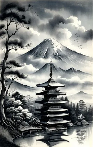 Mount Fuji and Pagoda,an artistic painting with a pagoda by the water,japanese art,chiyonofuji,cool woodblock images,hokusai,masashige,japanese background,Illustration,Paper based,Paper Based 30