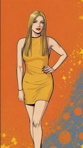 a comic book image of a woman,this is a woman wearing an orange dress,giganta,sprint woman,orangina,jwala,weinstein,markswoman,Illustration,American Style,American Style 13