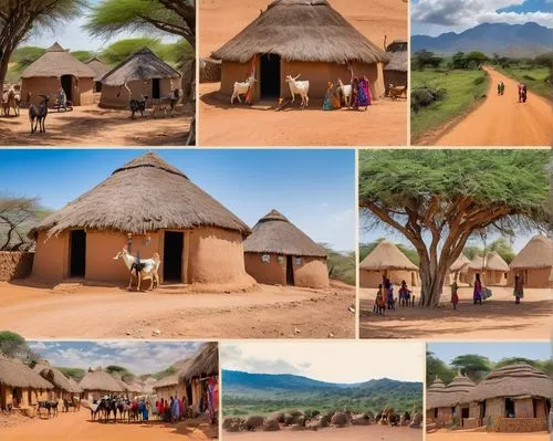 Vernacular African architecture, rural village scene, adobe mud huts with thatched roofs, intricate patterns on walls, colorful textiles hanging from windows, vibrant market scene, women in traditiona