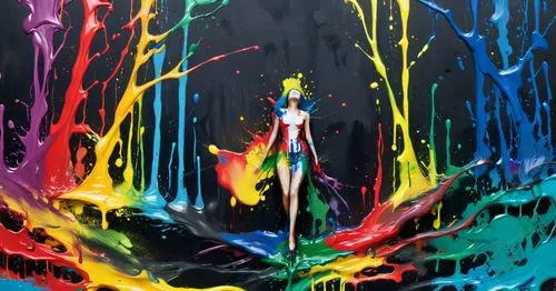 a woman in swimsuit surrounded by colorful paint,splash paint,rainbow pencil background,colorful water,crayon background,colorful background,wetpaint,Conceptual Art,Graffiti Art,Graffiti Art 08