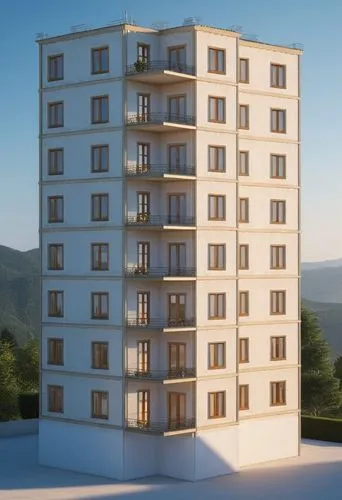 the exterior of an apartment building, overlooking a valley,multistorey,residential tower,appartment building,plattenbau,high-rise building,apartment building,Photography,General,Realistic