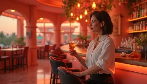 Coral color themed bar, luxurious ambiance, mature lady bartender, short hair, red lips, elegant white shirt, high-waisted black pants, stiletto heels, coral-inspired jewelry, polished wooden counter,