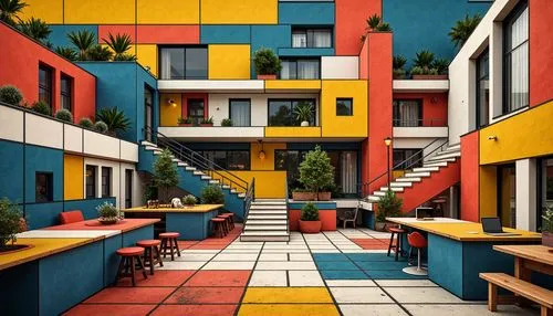 an apartment,apartments,apartment block,mvrdv,apartment complex,microdistrict,apartment house,apartment building,colorful city,patios,apartment,cubic,colorful facade,cubic house,apartment blocks,bahru,isometric,hypermodern,terraza,bauhaus