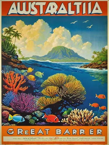 1950s Australia The Great Barrier Reef Vintage Style Travel Poster 24x36,great barrier reef,australopitico,oceania,australia,aurora australis,australian mist,tasmania,australia day,travel poster,austr