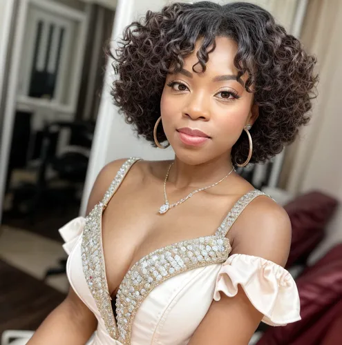 same face, a caribbean yong woman dressed like a princess with diamonds and gems, curly short hairs,tiana,maria bayo,african american woman,beautiful african american women,ash leigh,rosa curly,jasmin