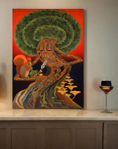 the painting hangs on the wall ,carpani,modern decor,indigenous painting,ghidorah,ayahuasca,quetzalcoatl,glass painting,ikebana,khokhloma painting,sunflowers in vase,contemporary decor,arcimboldi,zygo