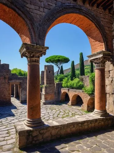 Ancient Roman architecture, Pompeii ruins, detailed stone walls, crumbling columns, arches, ornate frescoes, vibrant mosaics, sun-kissed terracotta rooftops, narrow cobblestone streets, lush greenery,