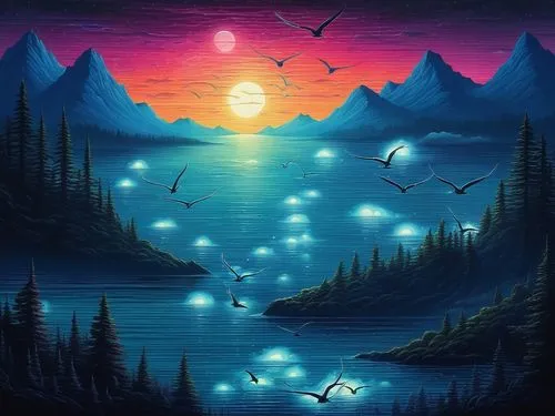 moon and star background,fantasy landscape,fantasy picture,night stars,night scene,world digital painting,moonlit night,colorful stars,fireflies,landscape background,dreamscape,digital art,fantasy art,starry night,sea night,nature background,stars and moon,night sky,the night sky,evening lake,Illustration,Realistic Fantasy,Realistic Fantasy 25