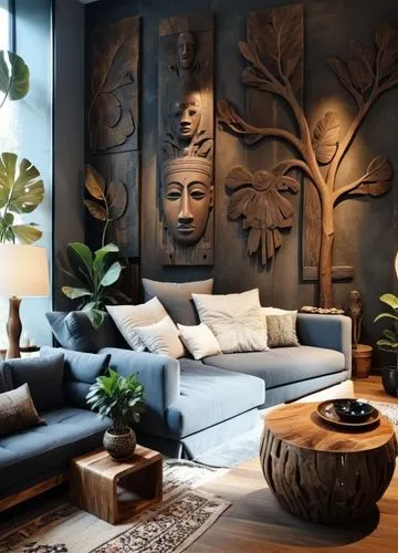 The dimensions and placement of the furniture in the room will remain constant. Large relief sculptures on the wall add a strong ethnic atmosphere to the space. These figures in dark wood or stone app