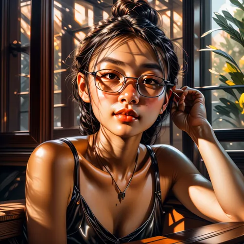 girl portrait,asian woman,asian vision,japanese woman,reading glasses,oriental girl,fantasy portrait,portrait photographers,asian girl,librarian,han thom,portrait background,portrait photography,silver framed glasses,digital painting,world digital painting,tortoise shell,janome chow,vintage asian,girl studying