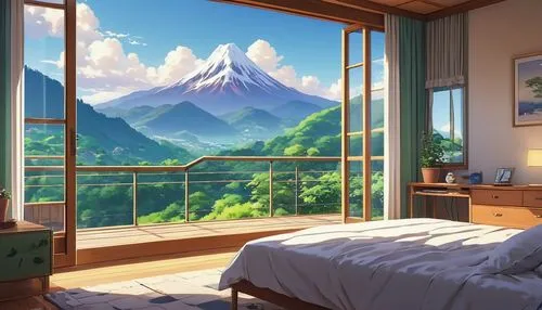 bedroom window,studio ghibli,mountain scene,mountain sunrise,darjeeling,japanese alps,japanese-style room,boy's room picture,mountain view,japanese mountains,sleeping room,mountains,beautiful morning view,mountain range,morning light,mountain world,mountain landscape,window to the world,sky apartment,window sill,Photography,General,Realistic