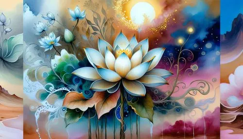 three paintings with different shapes and colors,flower painting,lotus flowers,water lotus,lotuses,lotus blossom,blooming lotus,lotus hearts,bloomeries,chrysanthemum background,flower background,flowe