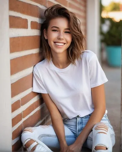 killer smile,girl in t-shirt,smiling,white shirt,beautiful young woman,jeans background,cotton top,grin,in a shirt,portrait background,chewy,a girl's smile,adorable,pretty young woman,tshirt,cute,girl on a white background,tori,denim,denim background,Illustration,Realistic Fantasy,Realistic Fantasy 10