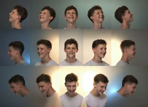 Tom holland, teenager, curly hair, boy, young, head, ((black background)), different positions, smile, happy, cute, adorable ,facial expressions,quiff,colfer,rewi,exploding head,mirroring,maclachlan,s