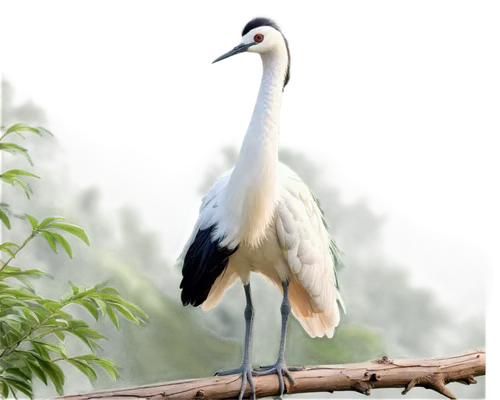 Crane bird, white feathers, long neck, elegant posture, subtle facial expression, bright eyes, soft morning light, shallow depth of field, 3/4 composition, natural habitat, greenery background, gentle