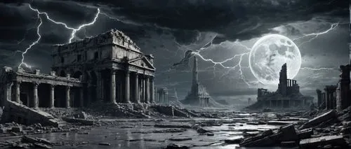 Surface of the Jupiter with a ruins of an ancient city, lien technology, silver moon, lightnings, storm,osgiliath,destroyed city,imperialis,undercity,stormbringer,tartarus,nekron,apocalyptic,necropoli