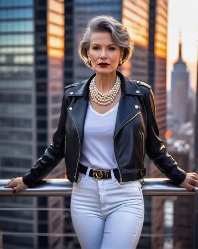 American fashion designer, mature lady, 40s, stylish short hair, bold red lips, elegant pearl necklace, black leather jacket, white shirt, high-waisted skinny jeans, pointed stilettos, confident pose,