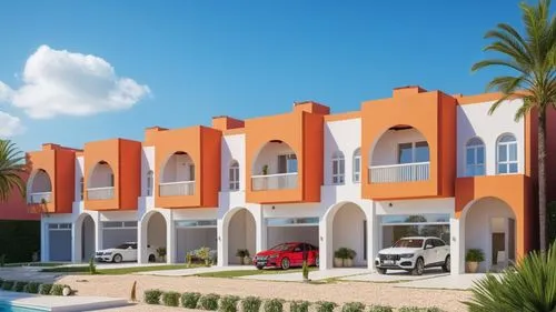 a line of cars parked in front of an orange building,townhomes,oranjestad,residencial,djerba,holiday villa,jerba,Photography,General,Realistic