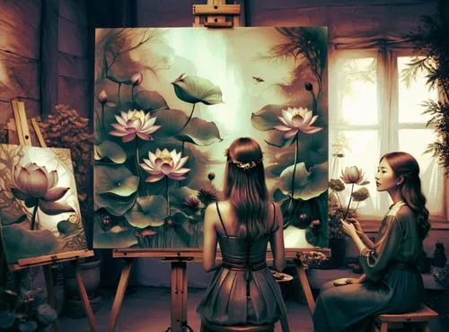 An exquisite  painting of vibrant Lotus flowers with green leaves on the watThe picture shows da vinci from behind in the foreground, painting at an easel. On the easel is a half-finished portrait of 