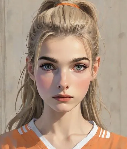 (normal ideal human proportions, mature face, real human proportions)(blue-grey-iris-eyes)(long shoulderlong hair, flaxen-blond, low loose ponytail, ponytail, visible forehead)(blonde-eyebrows)(medium