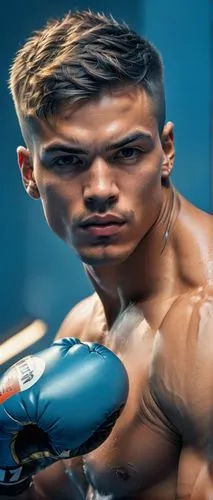 image of a young man, muscular boxer, really short hair with fade, not too sharp jawline but still alright blue background, by Charlie Bowater,amnat charoen,lethwei,professional boxing,lukas 2,muay th