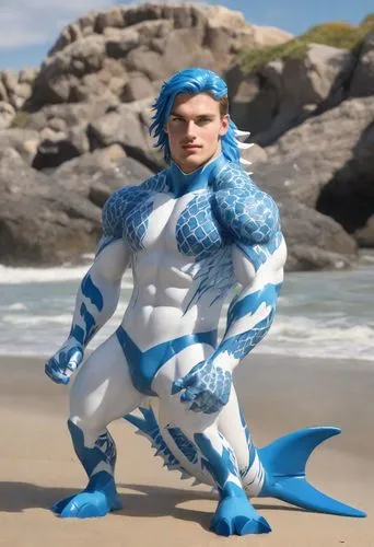 A mistake at the beach.

The guy became blue and white muscle  antro shark, a transparent vinyl toy. The character has an athletic body with blue fins,and a tail. The body of character is made of a vi