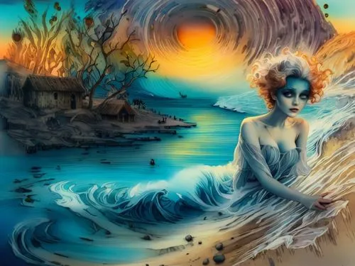 beautiful nude woman 35 45 from brazil infront of the sea wave and amazing sunset,a woman laying down on the sand by the water,sirene,fantasy picture,fantasy art,mermaid background,amphitrite,fathom,I