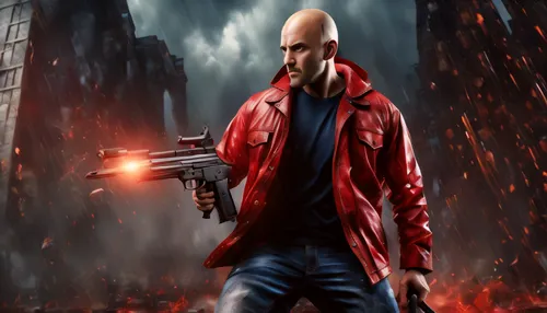 red hood,action-adventure game,shooter game,man holding gun and light,mobile video game vector background,red coat,fury,android game,game art,red super hero,red arrow,infiltrator,red,the edge,backgrou